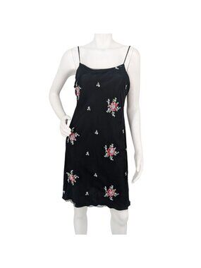 Vtg Y2K Sheer Mesh Overlay Mini Slip Dress Floral Embroidered Whimsigoth USA 12